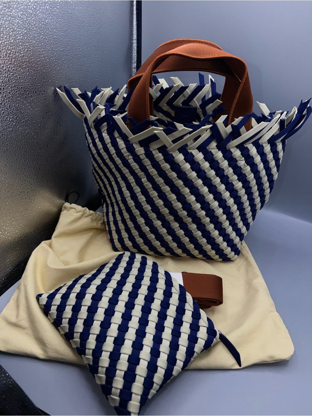 Naghedi Navy and Cream Havana Small Woven Tote with Brown Handles